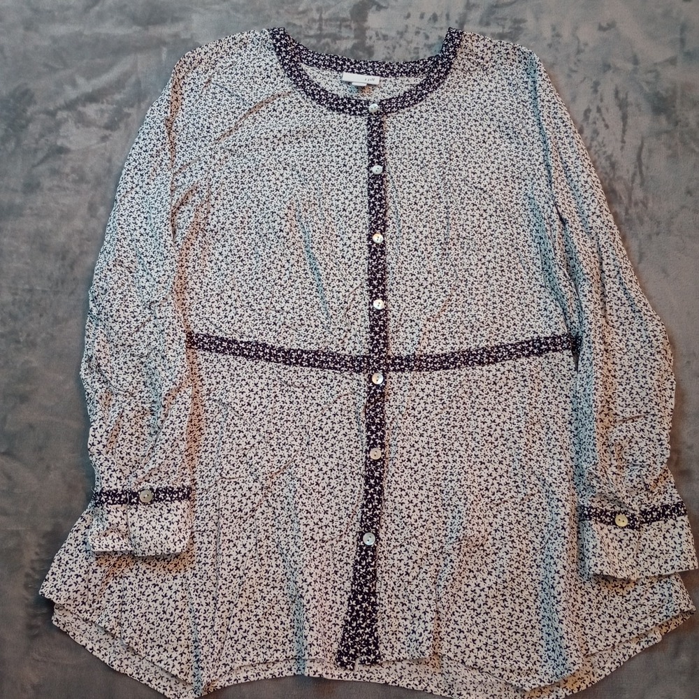 J Jill Ditsy Floral Print Button Up Top Women L Long Sleeve Black White Rayon